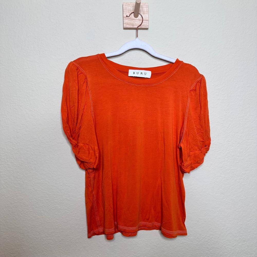 Buru Orange Puff Shoulder Contrast Stitch Short Sleeve Tee Medium Made in USA